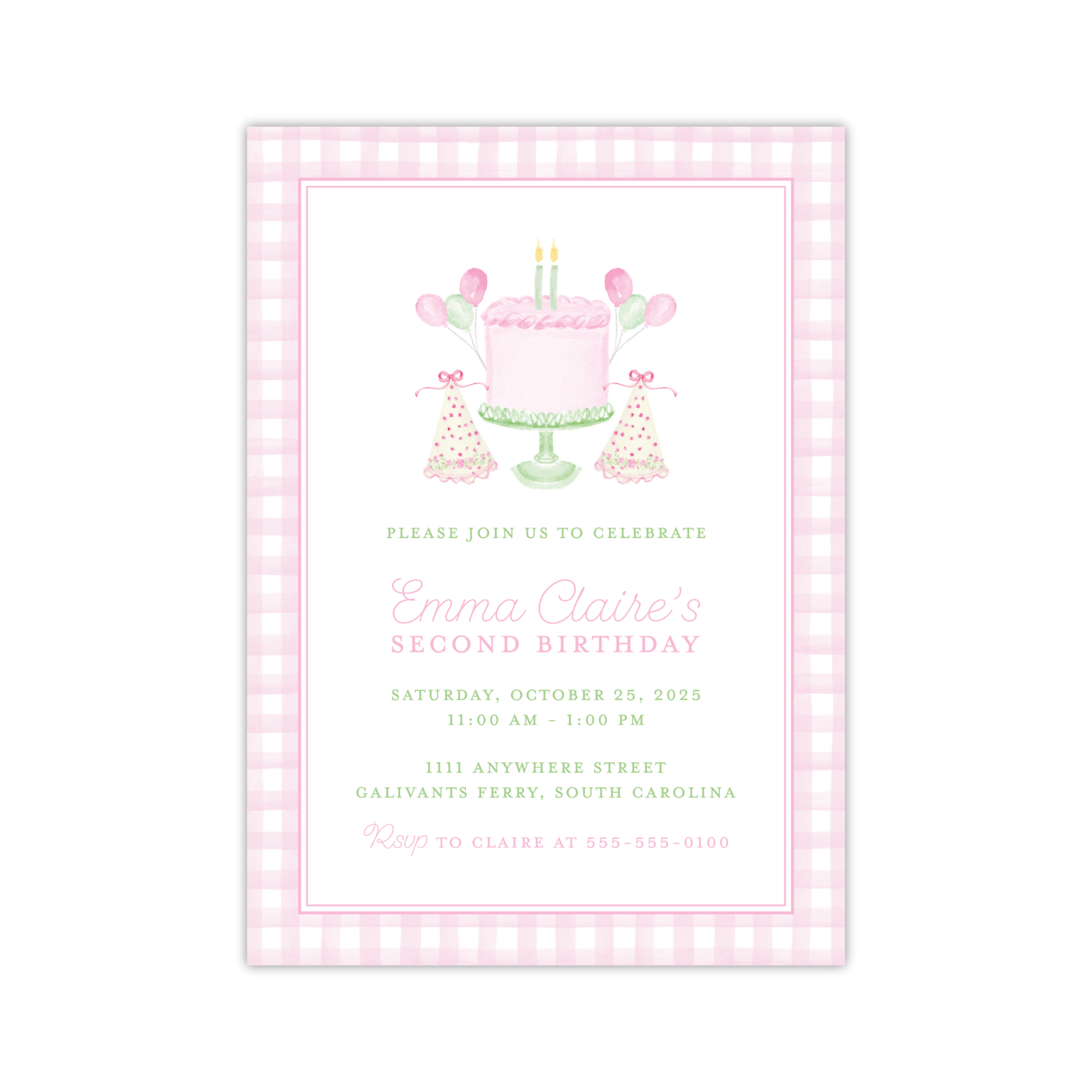 Pink Gingham Birthday Cake Invitation