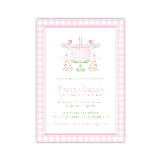 Pink Gingham Birthday Cake Invitation