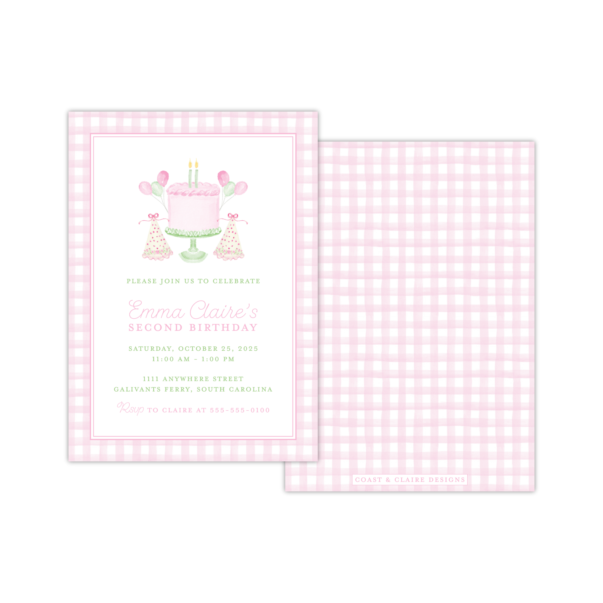 Pink Gingham Birthday Cake Invitation