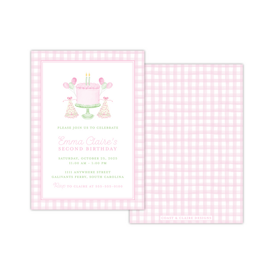 Pink Gingham Birthday Cake Invitation