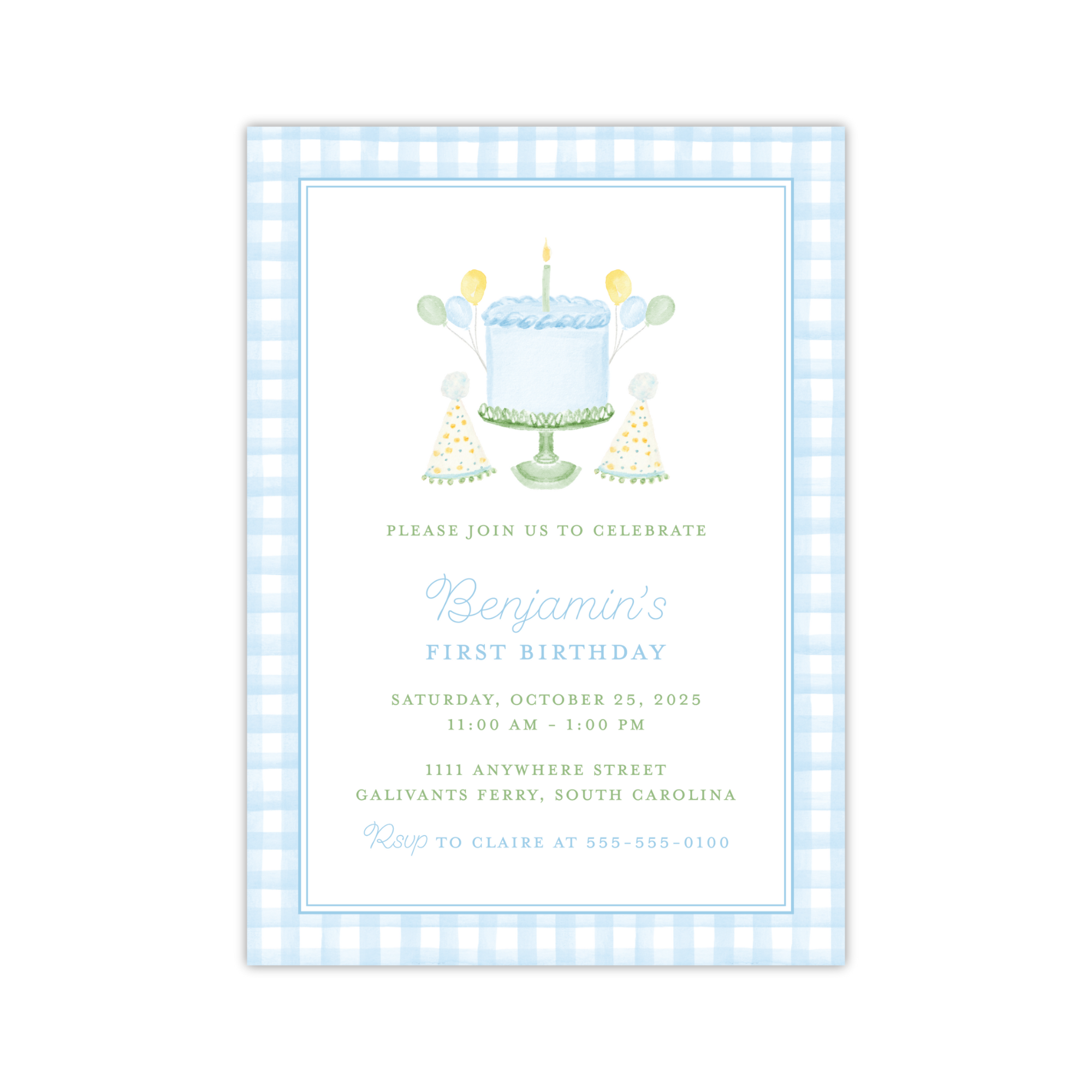 Blue Gingham Birthday Cake Invitation