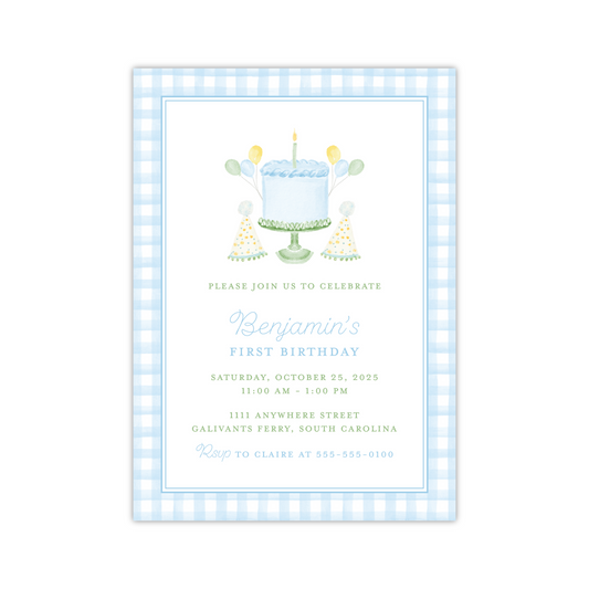 Blue Gingham Birthday Cake Invitation