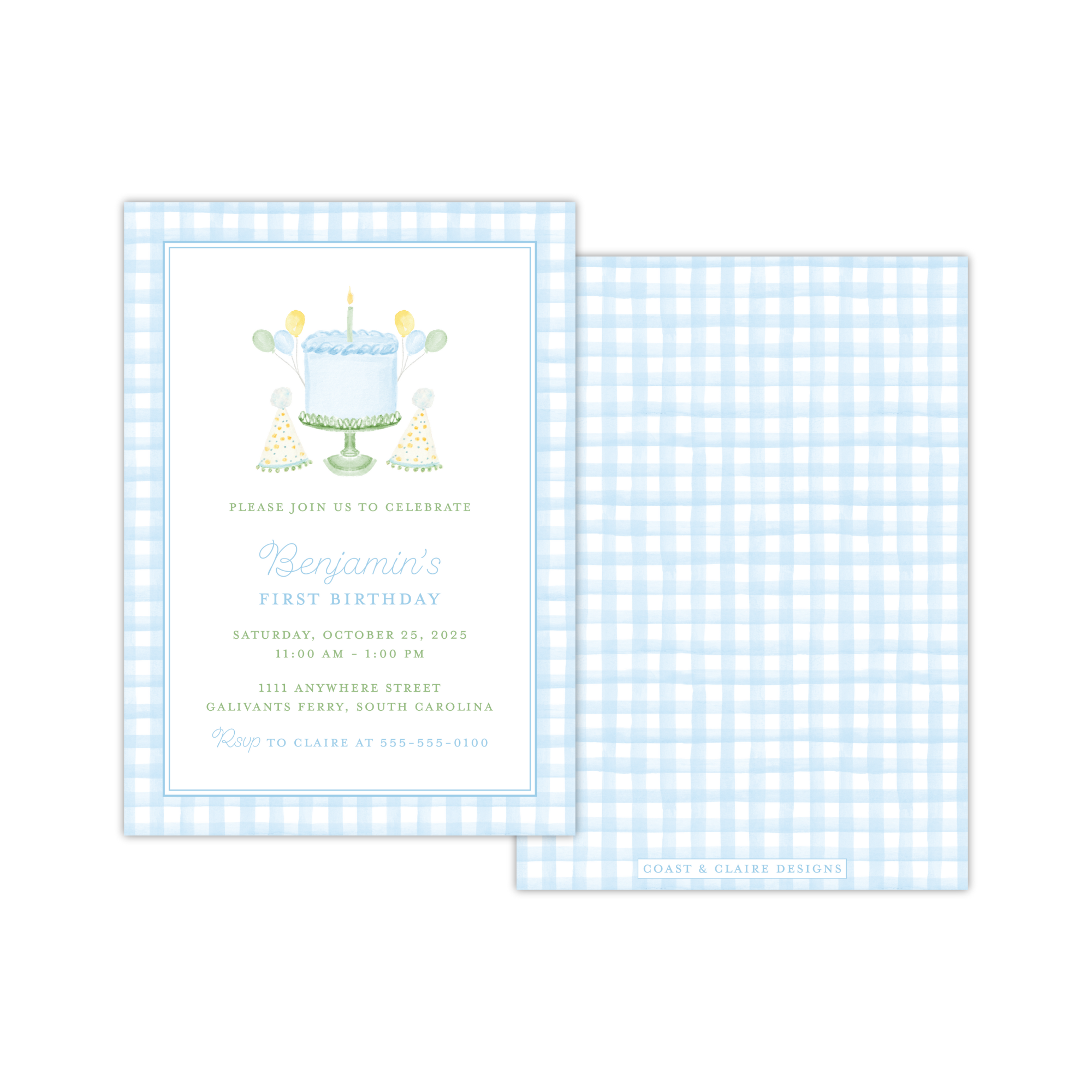 Blue Gingham Birthday Cake Invitation