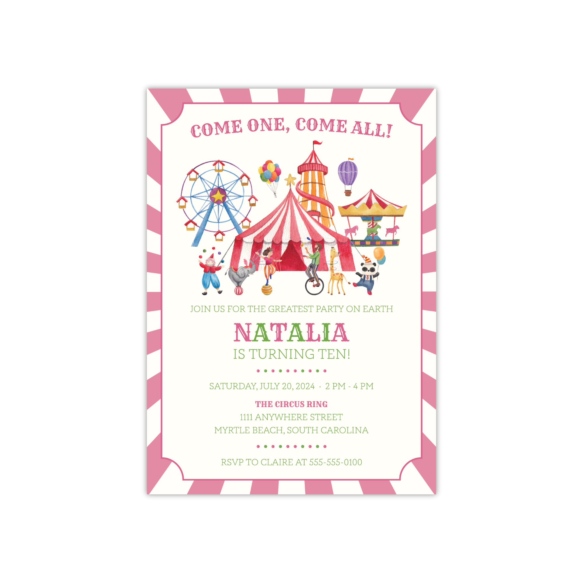 Pink Circus Birthday Invitation