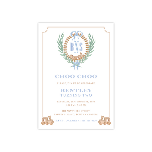 Train Monogram Birthday Invitation