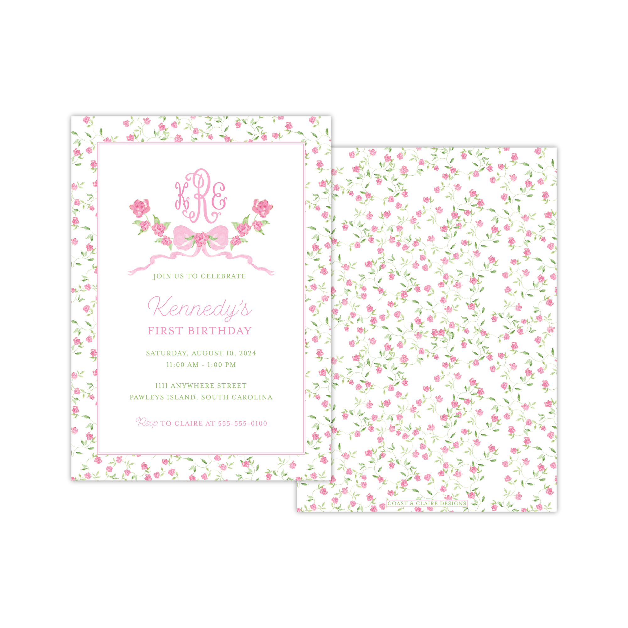 Floral Bow Monogram Birthday Invitation