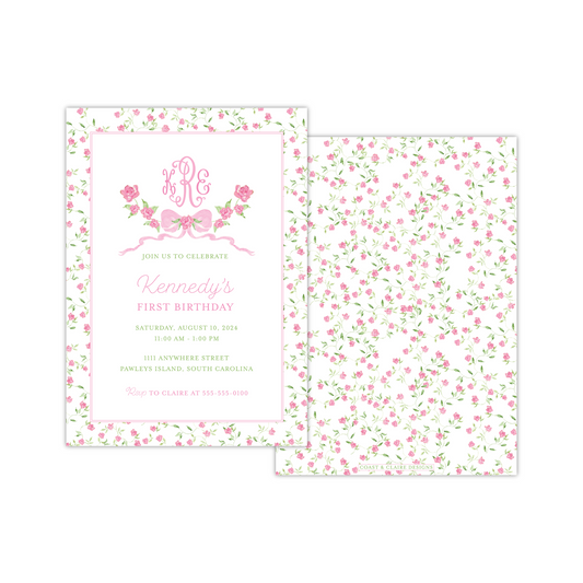 Floral Bow Monogram Birthday Invitation