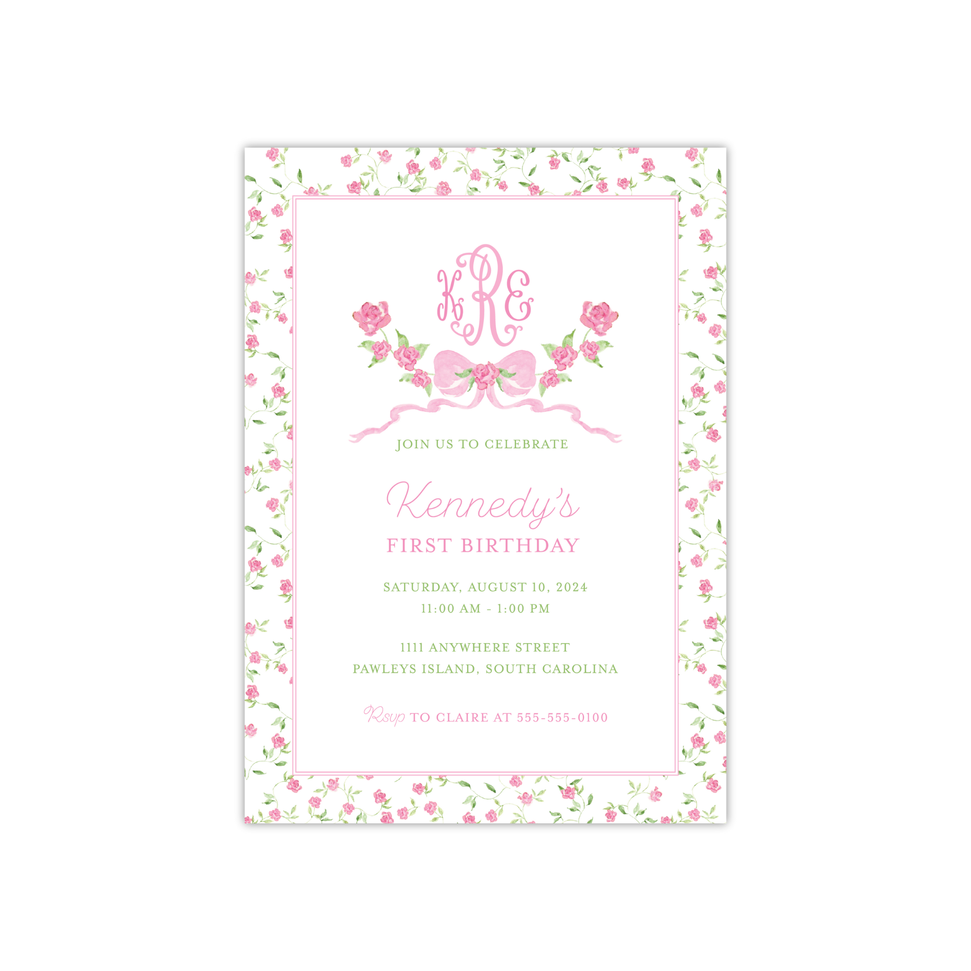 Floral Bow Monogram Birthday Invitation