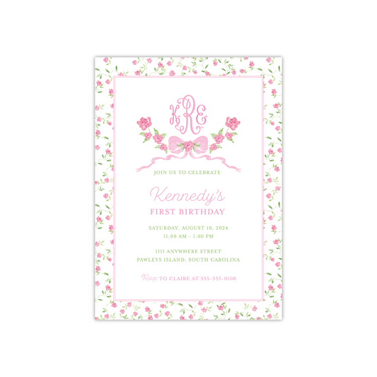 Floral Bow Monogram Birthday Invitation