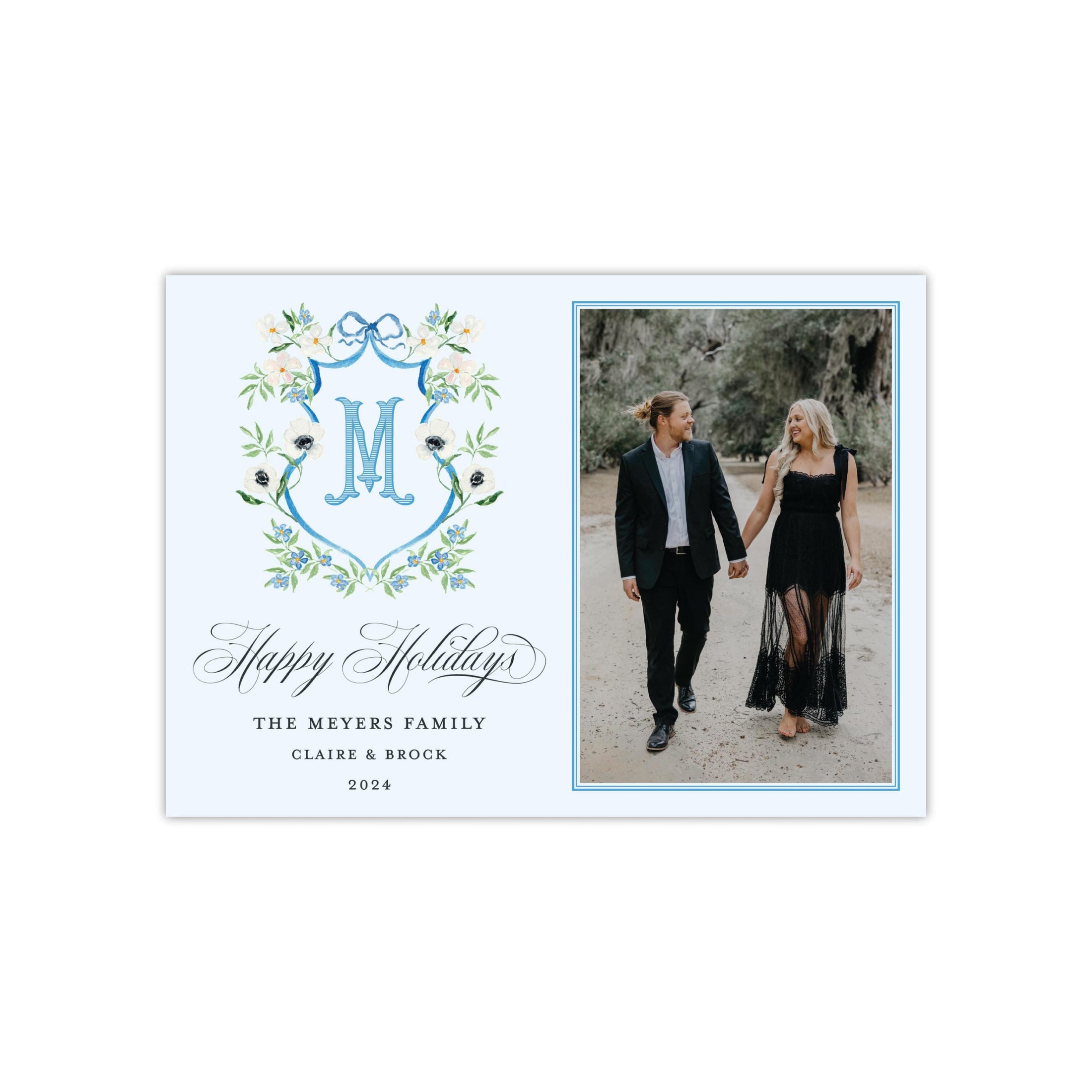 Blue Bow Monogram Holiday Card