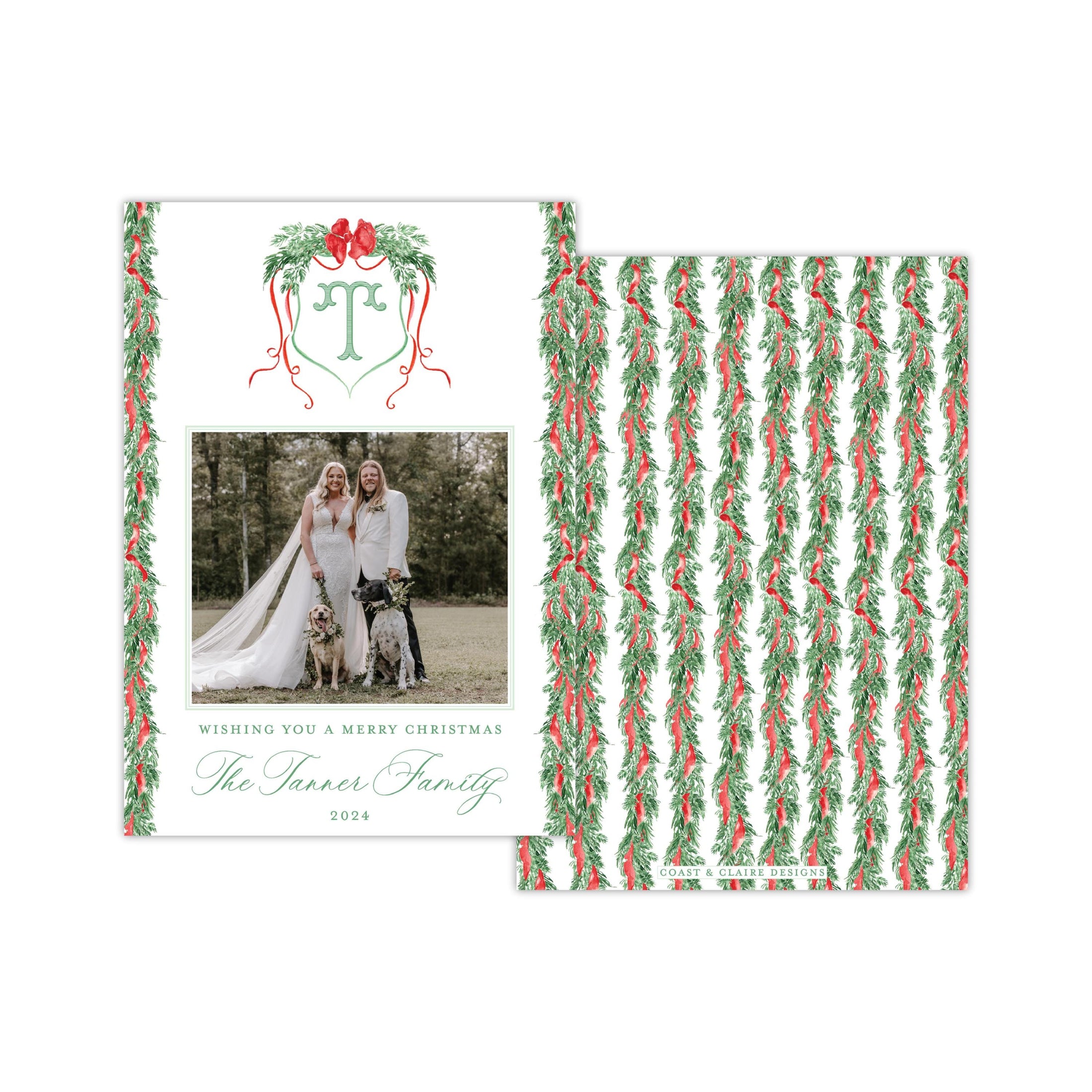 Red Bow Monogram Holiday Card - Horizontal