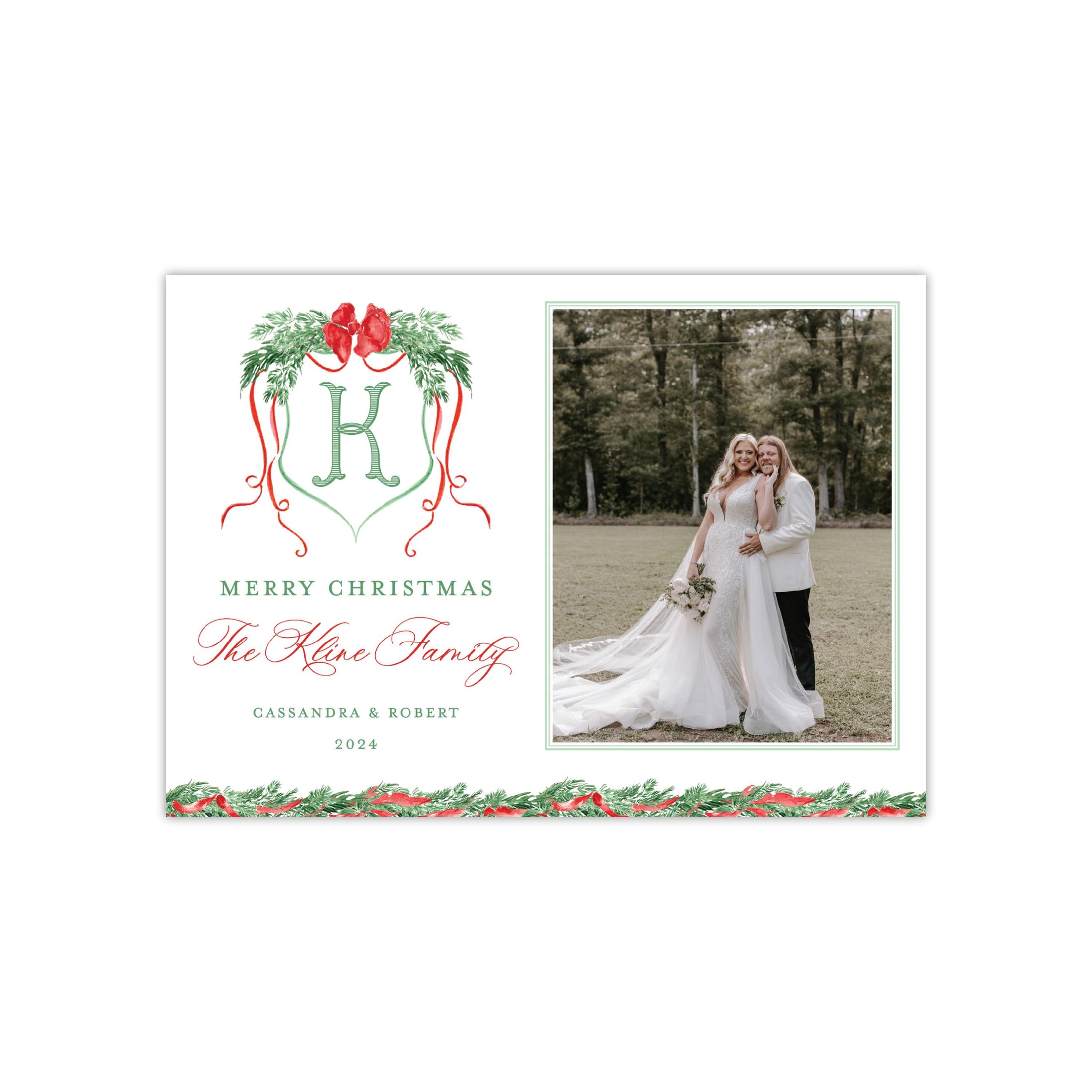 Red Bow Monogram Holiday Card - Vertical