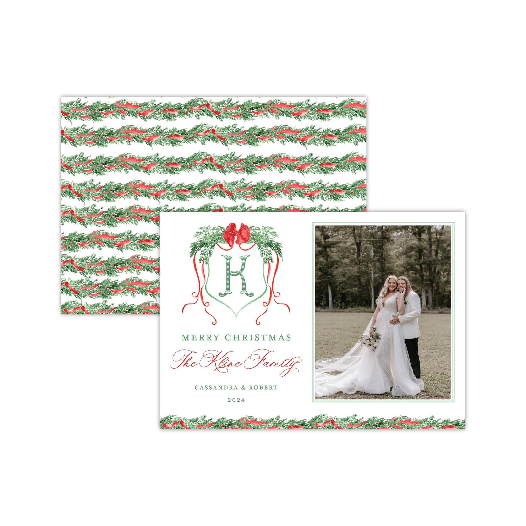 Red Bow Monogram Holiday Card - Vertical