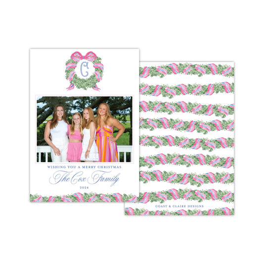 Pink Blue Wreath Holiday Card - Horizontal