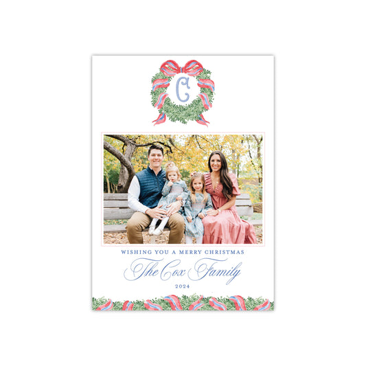 Red Blue Wreath Holiday Card - Horizontal