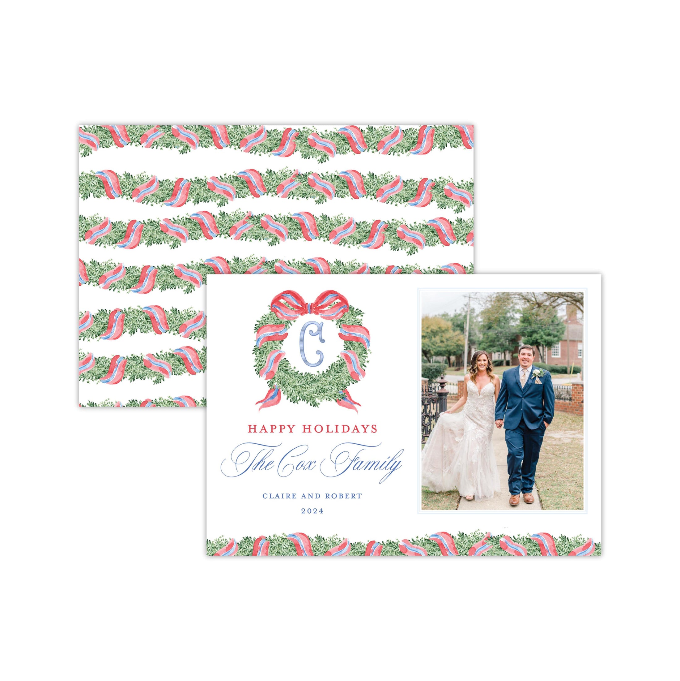 Red Blue Wreath Monogram Holiday Card