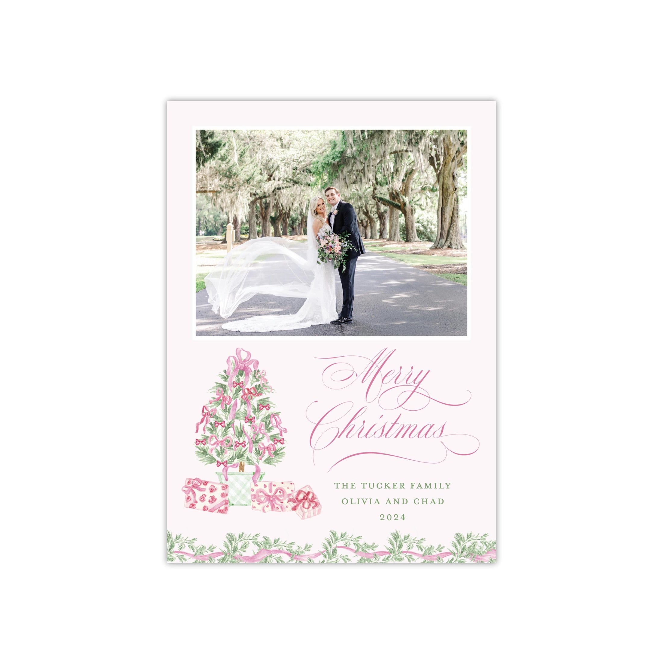 Pink Tree Presents Holiday Card - Horizontal