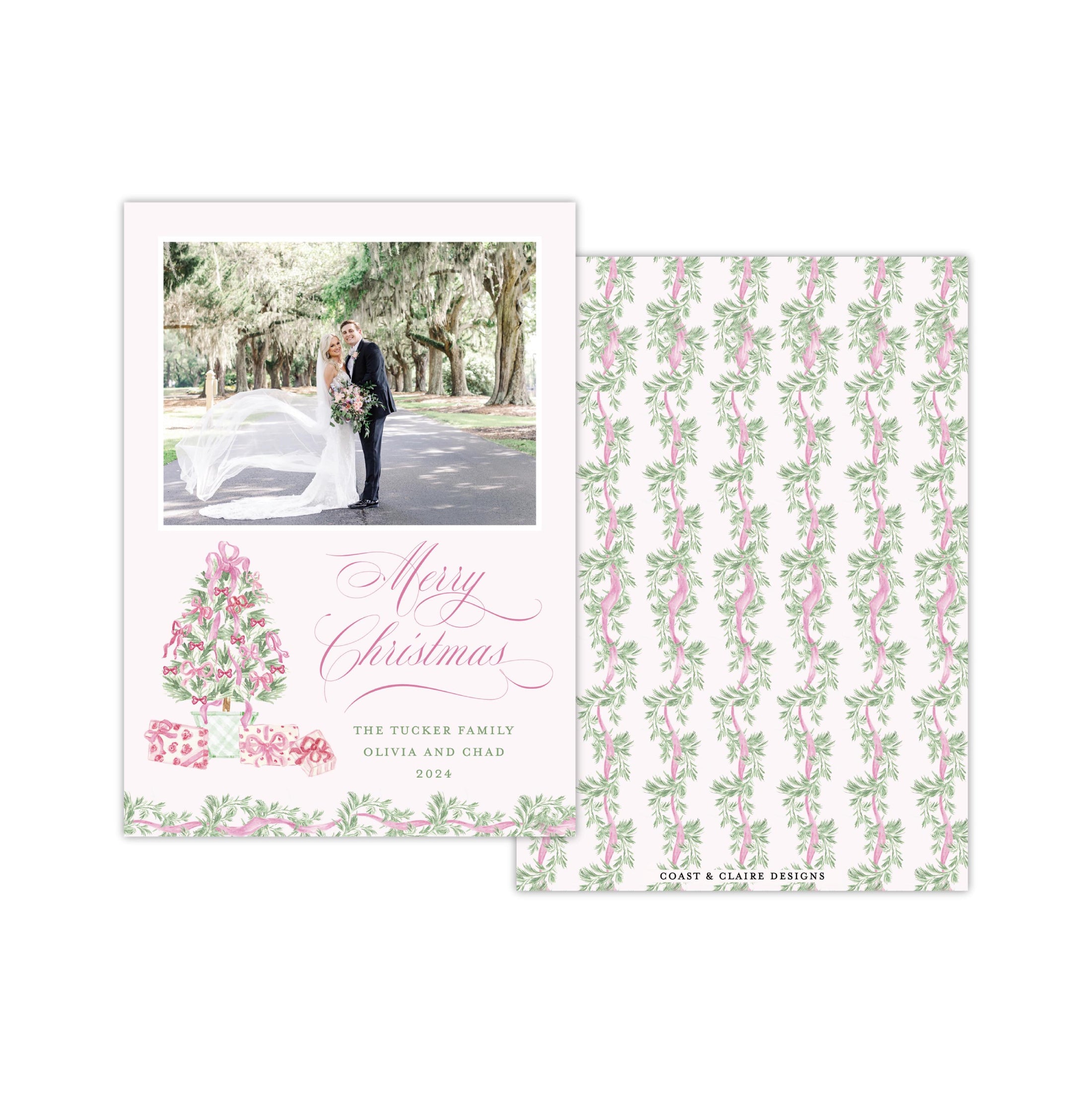 Pink Tree Presents Holiday Card - Horizontal