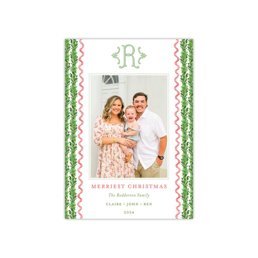 Wavy Greenery Monogram Holiday Card