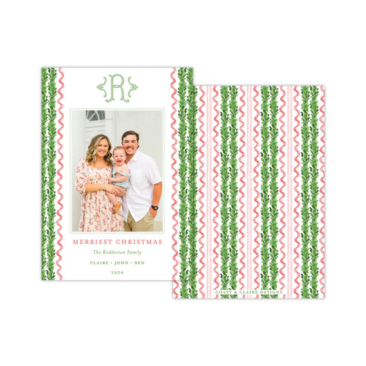 Wavy Greenery Monogram Holiday Card