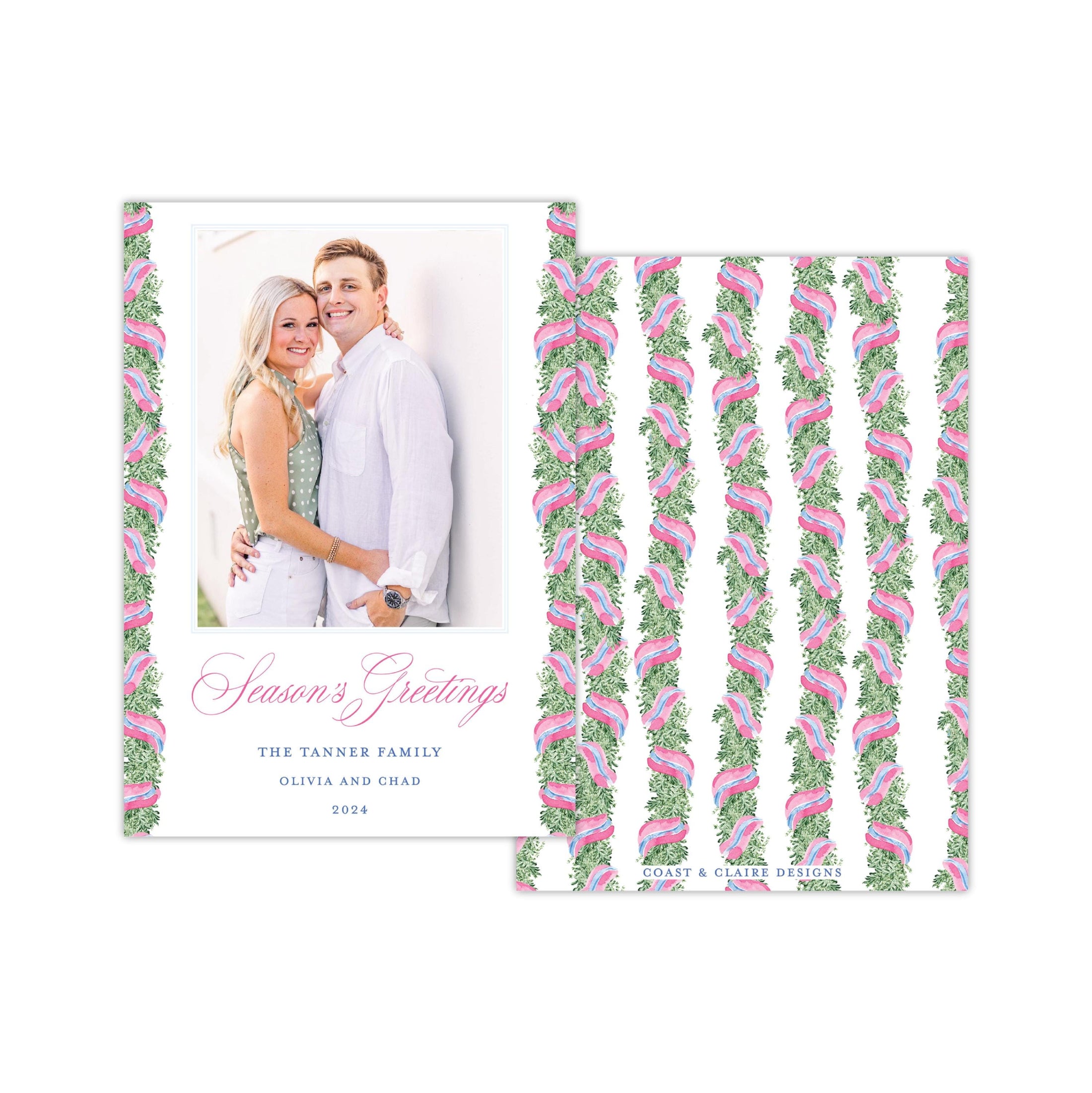 Pink Blue Column Holiday Card - Vertical