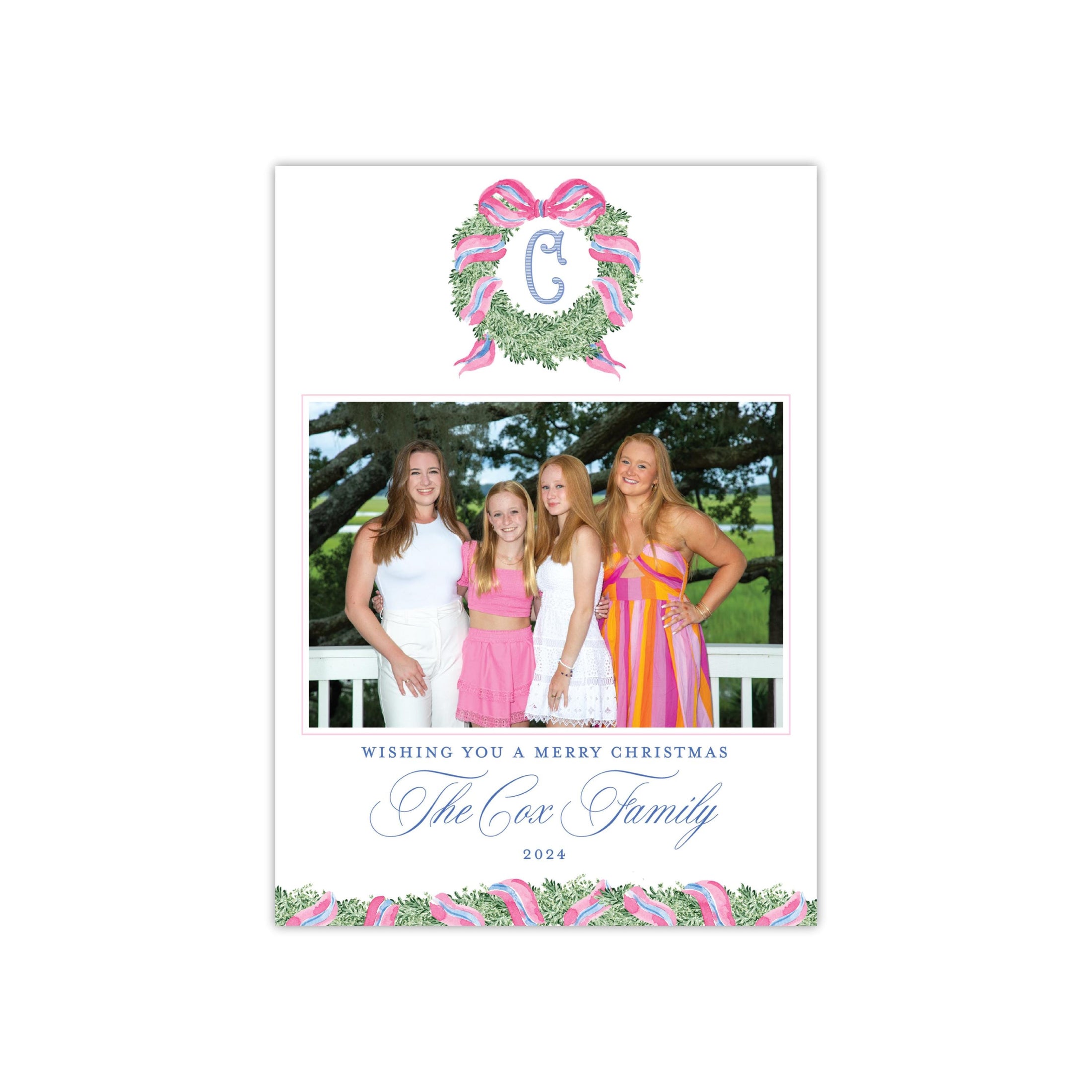 Pink Blue Wreath Holiday Card - Horizontal