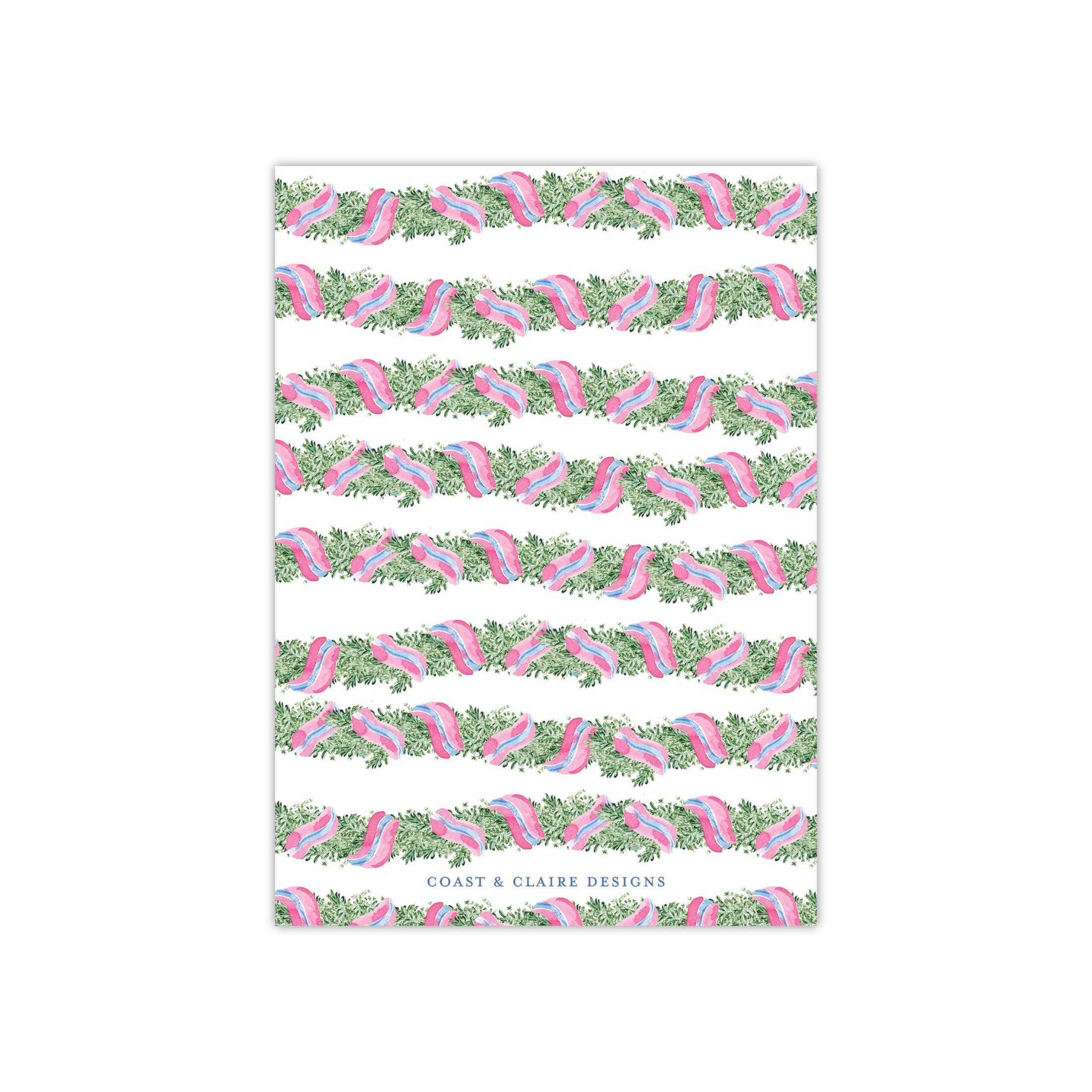 Pink Blue Wreath Holiday Card - Horizontal