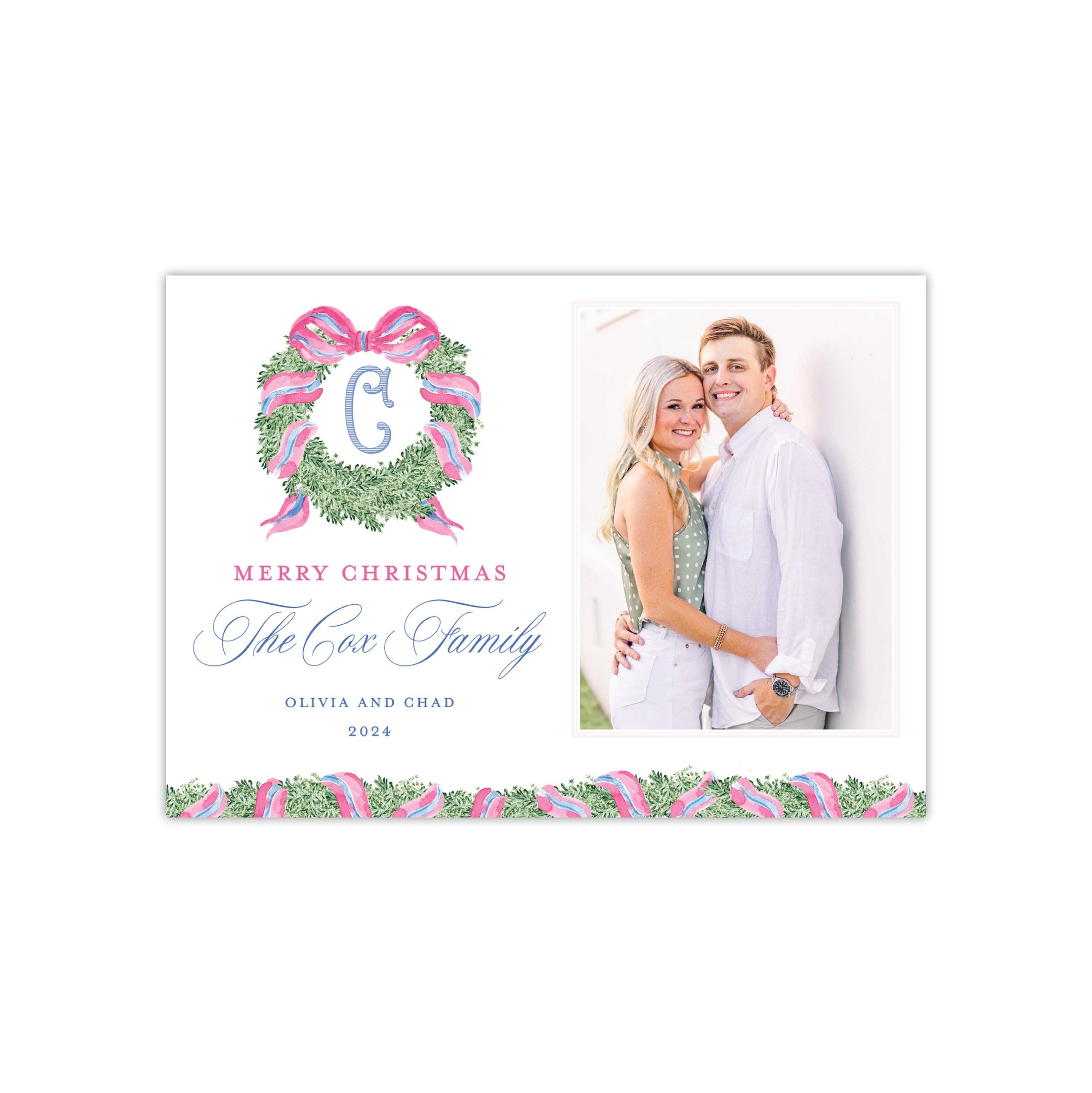 Pink Blue Wreath Holiday Card - Vertical