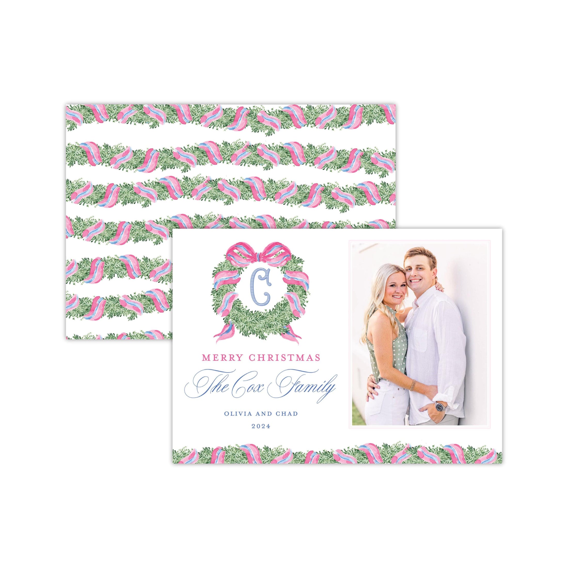 Pink Blue Wreath Holiday Card - Vertical