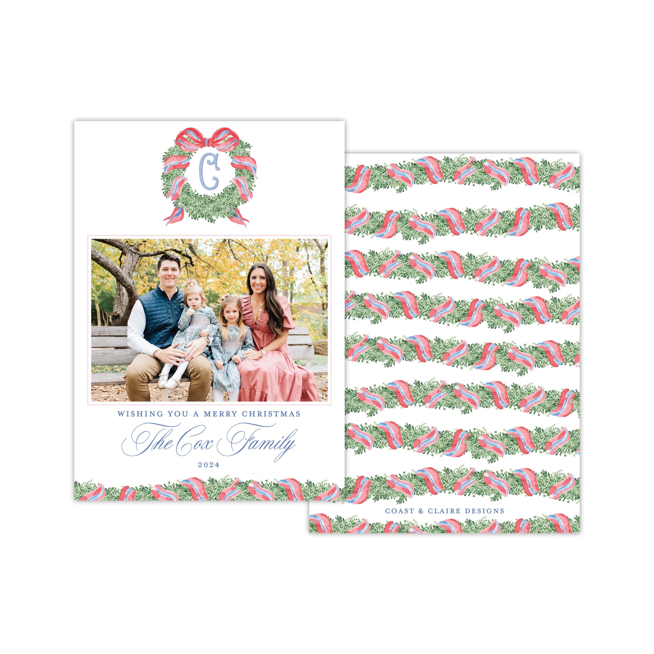 Red Blue Wreath Holiday Card - Horizontal