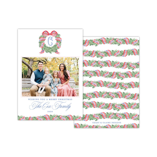 Red Blue Wreath Holiday Card - Horizontal