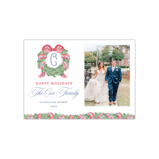 Red Blue Wreath Monogram Holiday Card